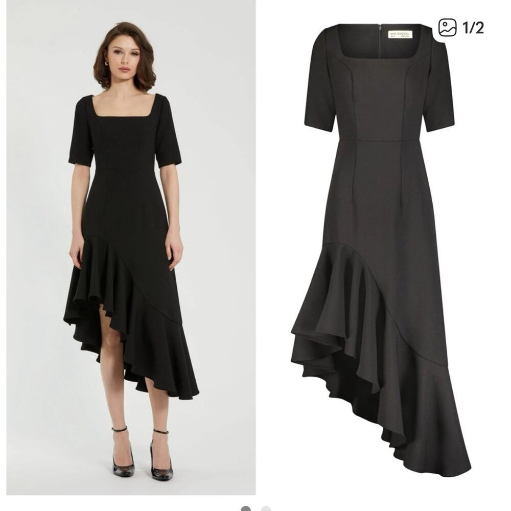 MAC DUGGAL Black 21019 Crepe 3/4 Sleeve Asymmetrical Hem Dress NWT size 8